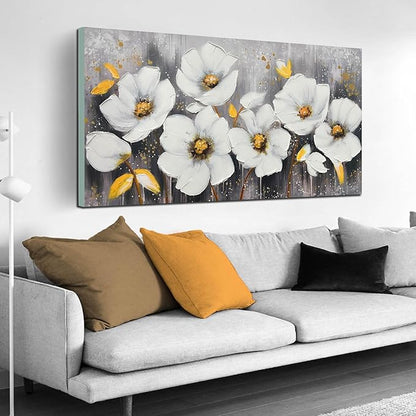 CIRABKY White Flower Canvas Wall Art for Living Room - Modern Hand Painted Wall Art for Office - Teen Girls Room Decor for Bedroom 29" x 59"