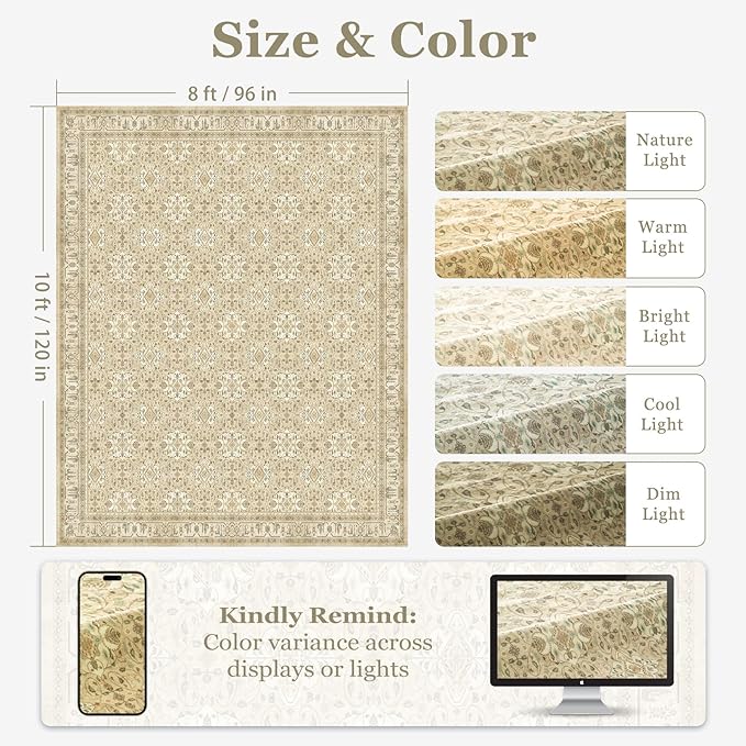 Boho 8x10 Rugs for Living Room Bedroom, Washable Area Rugs for Dining Room Non Slip, Floral Moroccan Pattern Printed Carpet Rug Low Pile Thin for Nursery Playroom Kids Room, Warm Beige