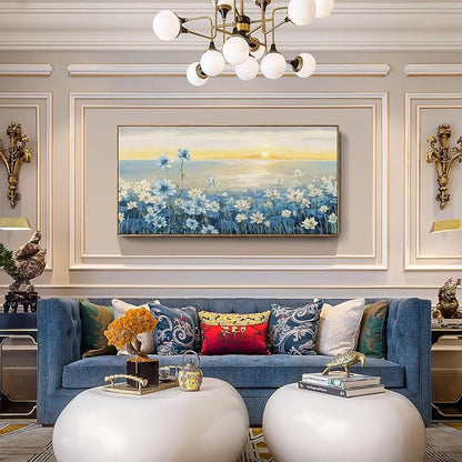 amatop Extra Large Wall Art for Living Room Modern Framed Coastal Beachy Canvas Wall Art Big Floral Sunrise Blue Wall Picture Oversized Lake Nature Sunset Artwork for Office Bedroom Decor 58"x29"