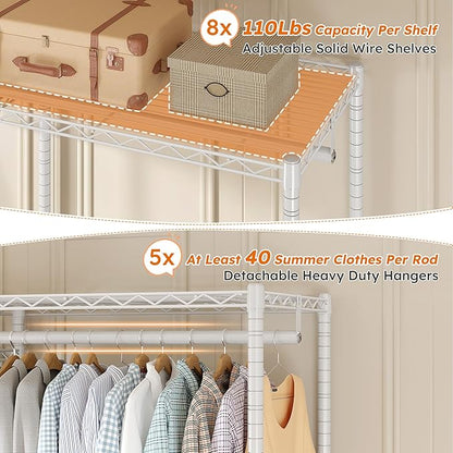 Raybee Clothes Rack,Clothing Racks for Hanging Clothes Heavy Duty,Adjustable Garment Rack with Shelves,rolling clothes rack Max Load 905LBS,75" W x 77" H x 17.8" D,White
