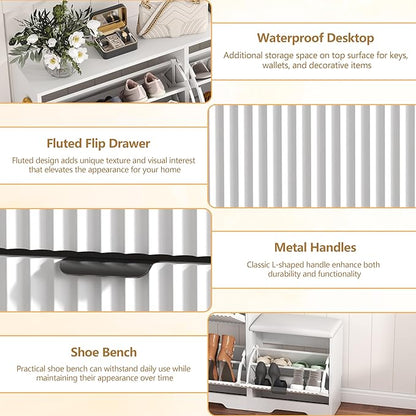 Shoe Cabinet Storage for Entryway with 4 Flip Drawers, White Fluted Shoe Cabinet with Bench, Wooden Hidden Shoe Rack Freestanding Narrow Slim Shoes Storage Organizer for Hallway, Entrance