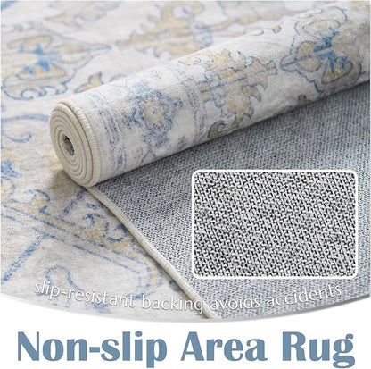 jinchan 5x7 Area Rugs Machine Washable Vintage Floral Throw Rug for Living Room Soft Ultra-Thin Low Pile Non-Slip Carpet for Kitchen,Bedroom,Dining Room,Nursery (5x7ft,Blue)