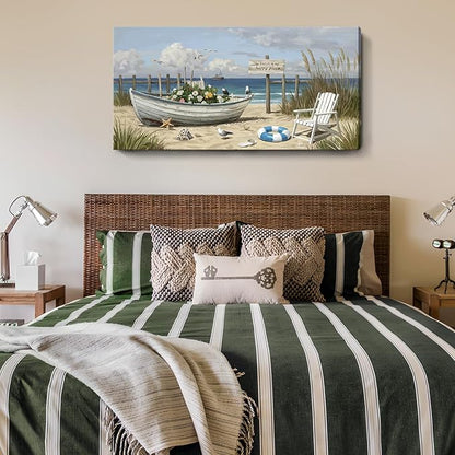 amatop Large Coastal Wall Art Nautical Beach Canvas Art Print Flower-Filled Boat on Sand Ocean Waves Seaside Seascape ArtworkSea Birds Marine Picture Home Decor for Living Room Bedroom Office 48×24 Inch