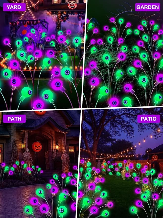 6 Pack Halloween Decorations Outdoor Solar Eyeball Lights, Purple and Green Scary Eyeball Swaying Firefly Lights with 2 Modes, Waterproof Halloween Pathway Lights for Yard Garden Lawn Party Decor