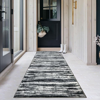 KOZYFLY Modern Abstract Washable Rug Runner 2.6x18 Hallway Rug Runner Non-Slip Soft Kitchen Runner Rugs, Black Navy Blue Grey Striped Carpet for Entryway Bathroom Laundry Room Foyer