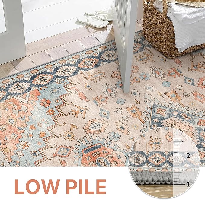 GENIMO 2x5 Washable Runner Rug for Hallway, Vintage Non Slip Low Pile Carpet, Soft Lightweight Printed Rug for Entryway, Kitchen, Corridor & Home Office, Peach Blossom