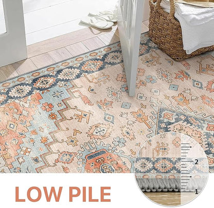 GENIMO 2x5 Washable Runner Rug for Hallway, Vintage Non Slip Low Pile Carpet, Soft Lightweight Printed Rug for Entryway, Kitchen, Corridor & Home Office, Peach Blossom