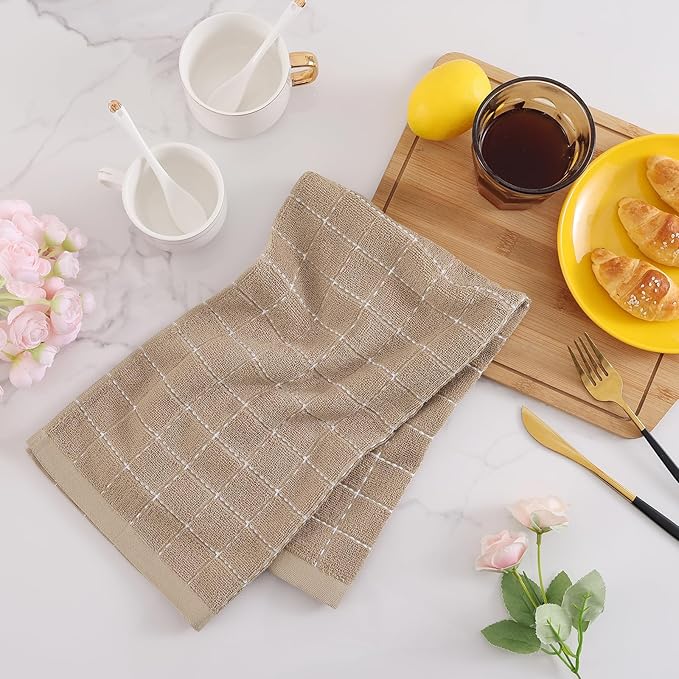 Mordimy 100% Cotton Terry Cloth Kitchen Towels, Super Soft and Absorbent Dish Towels for Drying, Checkered Designed Hand Towels for Kitchen, 16 x 26 Inches, 6 Pack, Tan