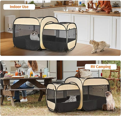 2-in-1 Portable Cat Playpen, Pop up Pet Kennel Play Pen Cat Tent House Cage, Foldable Puppy Enclosure Kitten Crates Indoors Outdoor(Beige)(No Divider, Pass-Through)