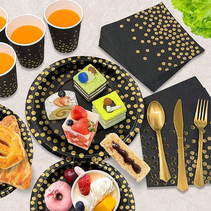 AIRE 350PCS Black and Gold Paper Plates Party Supplies for 50 Guests Party Decorations Disposable Dinnerware Golden Dot Paper Plates Napkins Cups Gold Plastic Forks Knives Spoons for Birthday Wedding