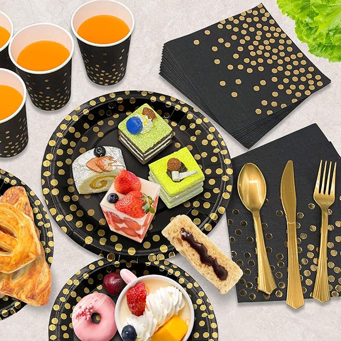 AIRE 175PCS Black and Gold Paper Plates Party Supplies for 25 Guests Disposable Party Decorations Dinnerware Golden Dot Black Paper Plates Napkins Cups Gold Plastic Forks Knives Spoons for Parties