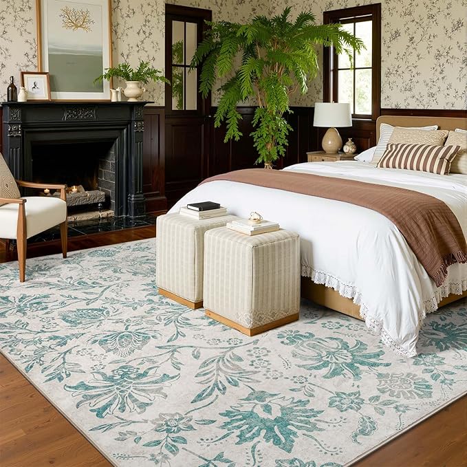 jinchan Floral 8x10 Area Rugs Vintage-Inspired Design Accent Living Room Rug Machine Washable Ultra-Thin Low-Pile Non-Slip Traditional Carpet for Bedroom Dining Room Home Office