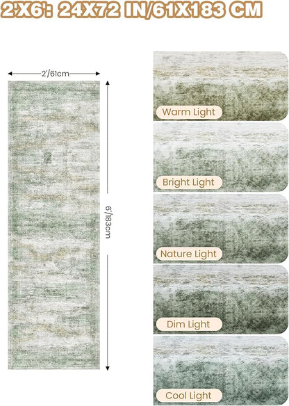 Washable Runner Rugs for Bedroom - 2x6 Runner Rug Non Slip, Ultra-Thin Entryway Runner, Soft Abstract Kitchen Runner for Hallway, Laundry, Indoor Door Mat(2'x6', Green/Yellow/Ivory)