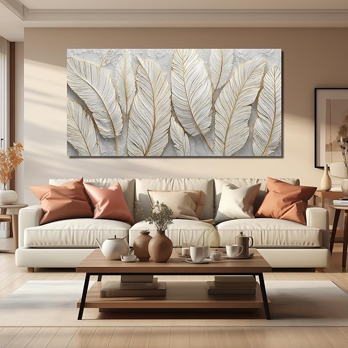 JuhaiArt White Picture Art Feather Canvas Wall Art Bedroom Gold Wall Decorations Art for Living Room Home Office 29" x 59" Artwork Prints