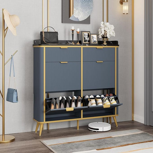 Fluted Shoe Cabinet Storage, Modern Slim Shoe Organizer Cabinet with 4 Flip Drawers & 2 Drawers, Wooden Freestanding Shoe Rack Cabinets for Entryway, Foyer, Hallway, Navy Blue