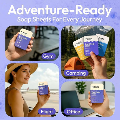 FOMIN - Antibacterial Paper Soap Sheets Tin for Traveling - (100 Sheets) Lavender Portable Travel Hand Soap Sheet, Dissolvable Mini Camping Hand Soap for Hand Washing