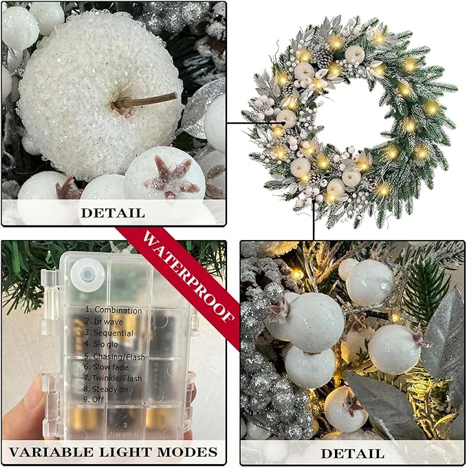 WANNA-CUL Pre-Lit 30 Inch Large Christmas Wreath for Front Door with 50 Led Lights,Silver White Lighted Christmas Door Wreath Decor with White Apples and Berries, Battery Operated