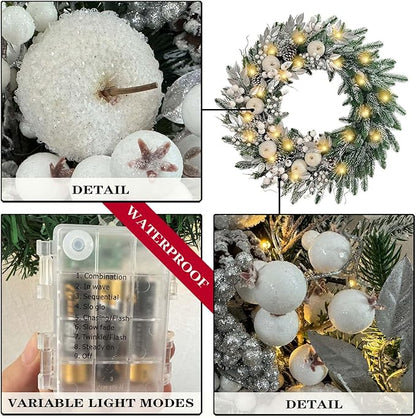WANNA-CUL Pre-Lit 30 Inch Large Christmas Wreath for Front Door with 50 Led Lights,Silver White Lighted Christmas Door Wreath Decor with White Apples and Berries, Battery Operated