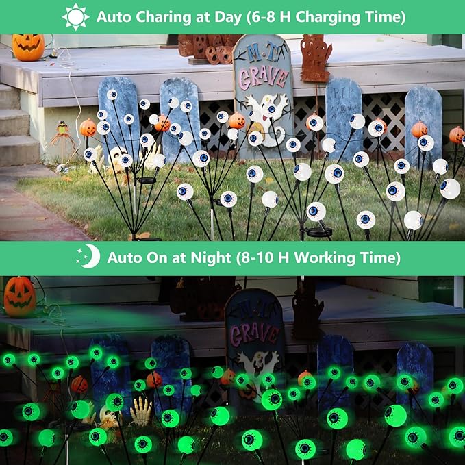 4 Pack Solar Halloween Lights Outdoor, Solar Eyeball Lights, 24 LED Green Eyeball Swaying Light with 2 Lighting Modes, Waterproof Outdoor Halloween Decorations for Walkway Yard Lawn Horror Party