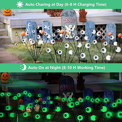 4 Pack Solar Halloween Lights Outdoor, Solar Eyeball Lights, 24 LED Green Eyeball Swaying Light with 2 Lighting Modes, Waterproof Outdoor Halloween Decorations for Walkway Yard Lawn Horror Party