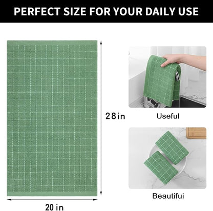 Homaxy 100% Cotton Terry Kitchen Towels(Grass Green, 20 x 28 inches), Checkered Designed, Soft and Super Absorbent Dish Towels, Large 8 Pack