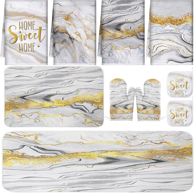 10 Pcs Christmas Marble Farmhouse Kitchen Decor Accessories Set Marble Kitchen Dish Towels Rugs Oven Mitts and Pot Holders Sets for Cooking Baking Daughter Mom Gift(White)