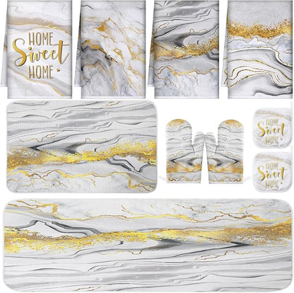 10 Pcs Christmas Marble Farmhouse Kitchen Decor Accessories Set Marble Kitchen Dish Towels Rugs Oven Mitts and Pot Holders Sets for Cooking Baking Daughter Mom Gift(White)