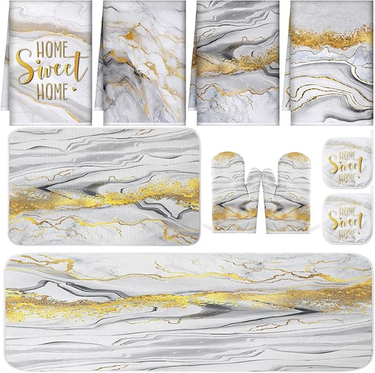 10 Pcs Christmas Marble Farmhouse Kitchen Decor Accessories Set Marble Kitchen Dish Towels Rugs Oven Mitts and Pot Holders Sets for Cooking Baking Daughter Mom Gift(White)