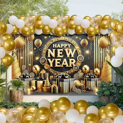 Happy New Year Backdrop 71x43 Inch Black Gold Party Banner Luxury Fireworks Celebration Background Elegant Holiday Wall Decor for New Year Eve Party Photo Booth Home Event