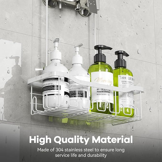 BYT Shower Caddy Hanging, Organizer Hanging for Bathroom, Shower Basket with Hooks, Shower Storage, Shelf, Rack No Drilling for Faucet or Cross Bar (White)