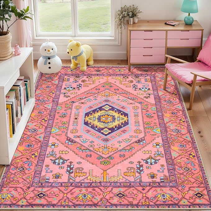 SERISSA Area Rug 3x5 for Baby Girls Bedroom, Washable Non-Slip Boho Nursery Rug, Ultra Soft Cute Pastel Aesthetic Fuchsia Pink Rugs for Indoor Entryway Kitchen Office Kids Playroom Dorm Decor