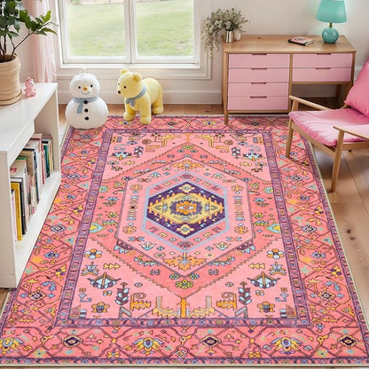 SERISSA Area Rug 3x5 for Baby Girls Bedroom, Washable Non-Slip Boho Nursery Rug, Ultra Soft Cute Pastel Aesthetic Fuchsia Pink Rugs for Indoor Entryway Kitchen Office Kids Playroom Dorm Decor