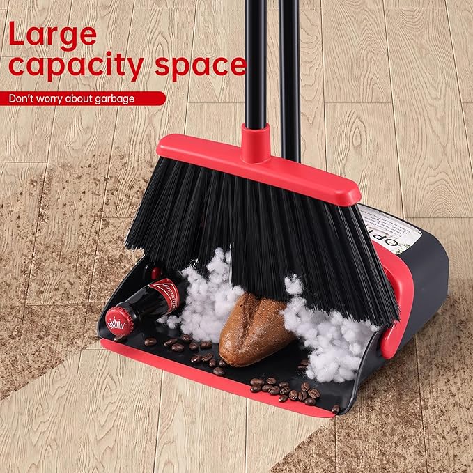 Broom with Dustpan Combo Set, Hand Broom and Dustpan Set for Sweeping Indoor Angle Broom for Home Office Kitchen Lobby Floor Pet Hair Indoor&Outdoor Cleaning (Black&Red)