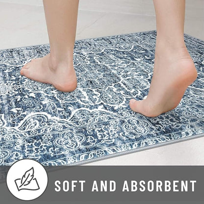 KUTA Vintage Runners for Hallways 2.6x10 Non-Slip, Blue White Washable Kitchen Rug Ultra Soft Printed Distressed Traditional Medallion Floor Carpet for Bedroom Living Room