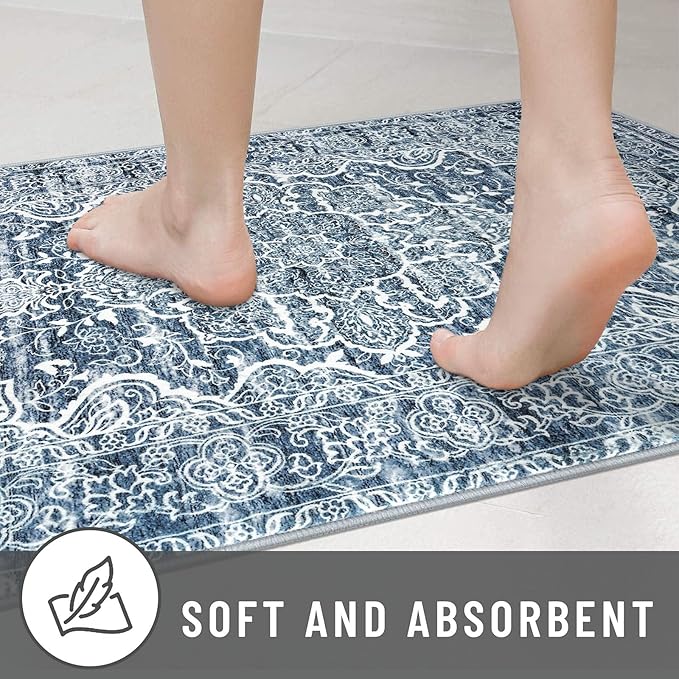 KUTA Entryway Rugs Indoor Non-Slip Washable Small Area Rug 2x3 Blue Entrance Carpet Soft Printed Vintage Floral Distressed Tribal Farmhouse Low-Pile Door Mat for Bedroom Kitchen