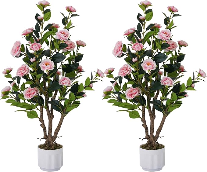 2 Pack Artificial Camellia Tree with White Pot, 38" Faux Potted Plants for Indoor Outdoor Decor, Tall Silk Greenery Plant for Home Office Living Room Balcony, Pink