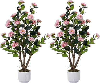 2 Pack Artificial Camellia Tree with White Pot, 38" Faux Potted Plants for Indoor Outdoor Decor, Tall Silk Greenery Plant for Home Office Living Room Balcony, Pink