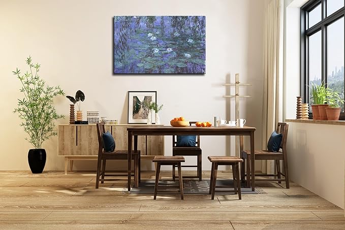 Large Blue Water Lilies by Claude Monet Canvas Wall Art Famous Painting - Classic Artwork Wall Decor Picture Print with Framed for Bedroom Living Room Office -24" x36"