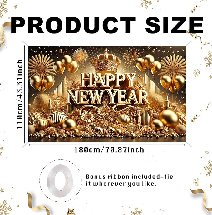 Nuxovilar Happy New Year Banner, Golden Snowflakes Glittery Backdrop for Party Decorations, 71x43 Inch
