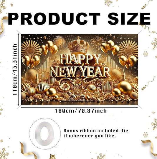 Nuxovilar Happy New Year Banner, Golden Snowflakes Glittery Backdrop for Party Decorations, 71x43 Inch