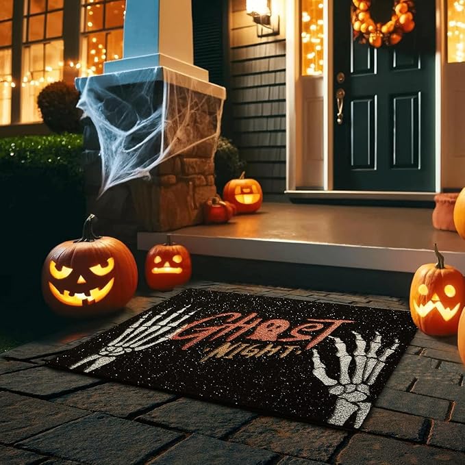 Halloween Door Mat, Halloween Doormat Outdoor Front Door Entrance Absorbent Entry Mat with Non Slip Backing, 17''x30'', Skeleton Hands Black