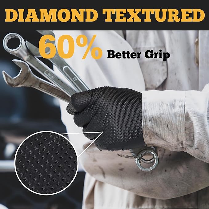 TitanFlex Heavy Duty Black Nitrile Gloves, Raised Diamond Texture, Latex Free, Powder Free Disposable Gloves (8Mil/6Mil)