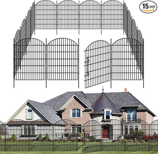 15 Panels No Dig Decorative Garden Fence with Lock, 33in (H) X 33.46ft (L) Dog Fences Outdoor for Yard, Rustproof Tall Metal Animal Barrier Border for Rabbits, Patio, Temporary Outdoor Use