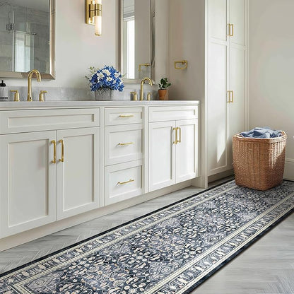 Blue 2x10 Rug Runners for Hallways Non Slip, Long Kitchen Runner Rugs Non Skid Washable, Transitional Floral Trellis Low Pile Thine Carpet Runners for Entryway Corridor Mudroom Foyer