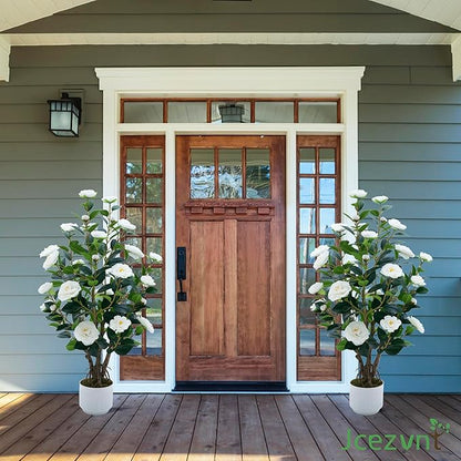 2 Pack Artificial Camellia Tree with White Pot, 38" Faux Potted Plants for Indoor Outdoor Decor, Tall Silk Greenery Plant for Home Office Living Room Balcony, White