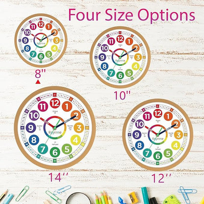 Wall Clock for Kids Learning to Tell Time Analog Non Ticking Battery Operated Kids Small Teaching Clock Silent Colorful Teaching Time Clock for Kids Room Classroom School（8 Inch）