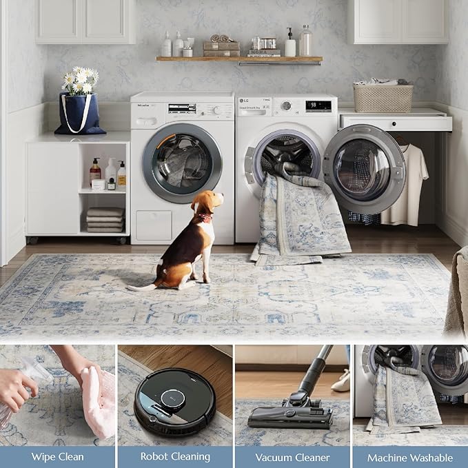 jinchan Hallway Runner Rug 3x8 Machine Washable - Vintage Floral Non-Slip Low-Pile Soft Ultra-Thin Faux Wool Kitchen Rug Distressed Carpet Runner for Farmhouse Bedroom Laundry Room (3x8ft,Blue)