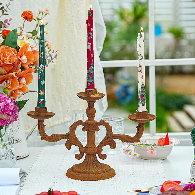Sungmor Vintage 3-Arm Cast Iron Candelabra, 9.2" Tall Heavy-Duty Rustic Candle Holder for Home Decor, Decorative Candle Stand Centerpiece for Dinners/Weddings/Halloween/Christmas etc Festivals