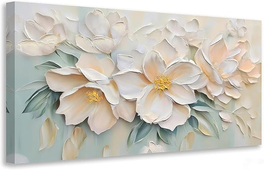 Anolyfi White Textured Flowers Canvas Wall Art for Living Room, Modern Aesthetic Picture Sage Florals Painting Wall Decor, Large Artwork for Hallway Bedroom Office Home Decor 48"x24"