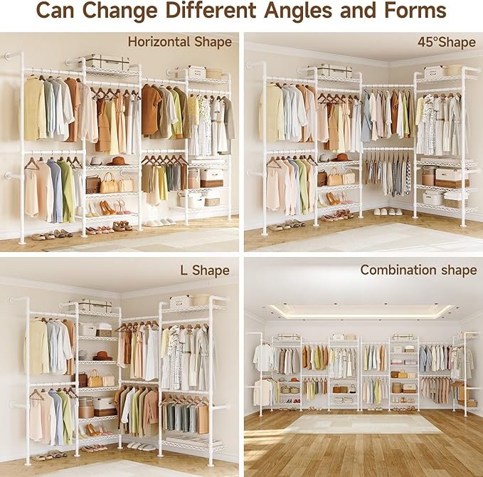 H4 Wall Mounted Closet System, Expandable Industrial Pipe Clothes Rack Clothing Rack for Hanging Clothes, Heavy Duty Closet Organizers and Storage in Wardrobe Closet - White